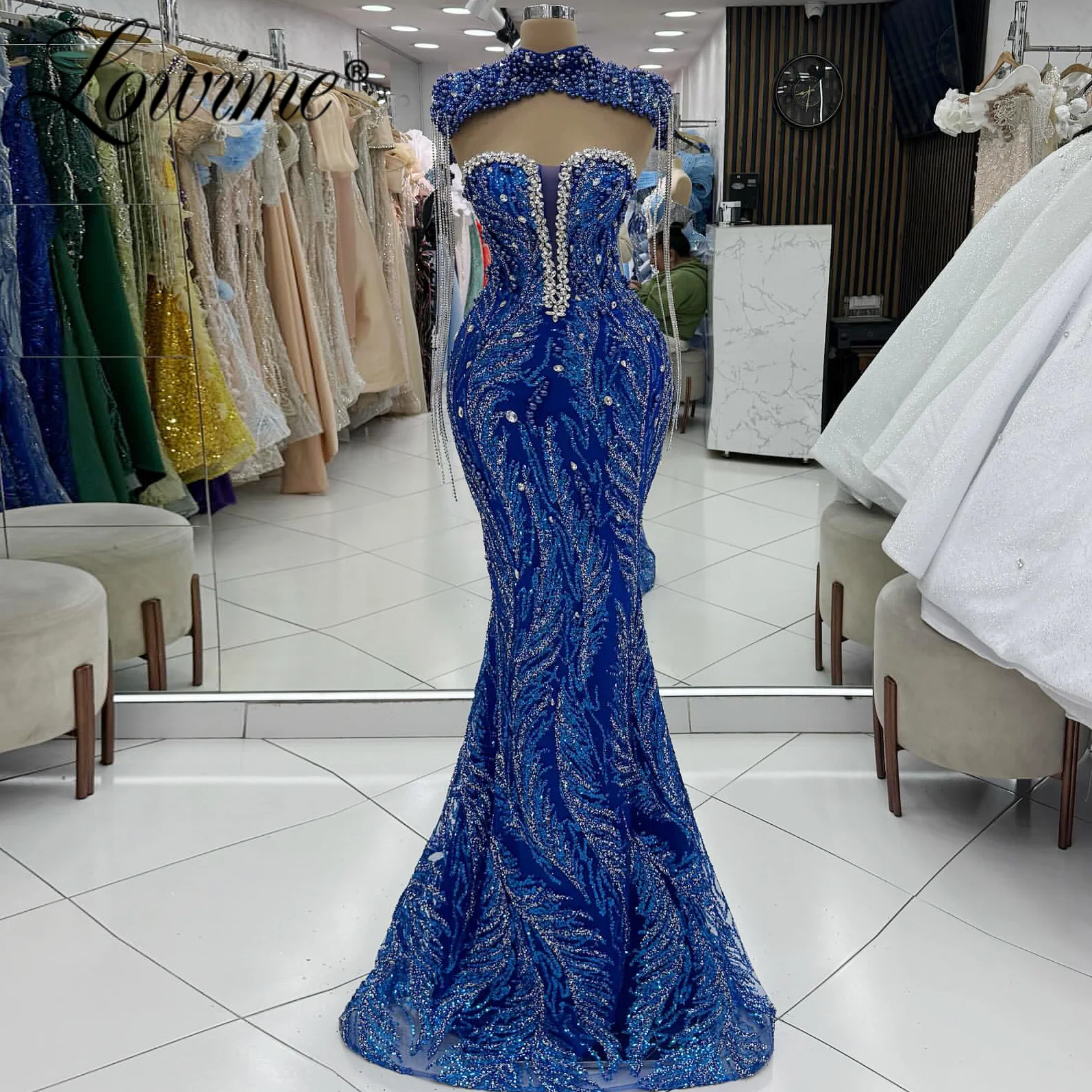 

Элегантное синее вечернее платье с кристаллами и кисточками, арабские платья для выпускного вечера по индивидуальному заказу, 2026, вечернее платье русалки из бисера для свадебных халатов