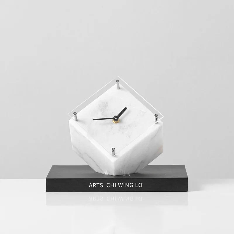 Simple square white marble clock ornament, modern light luxury office decoration ornament, living room artistic ornament