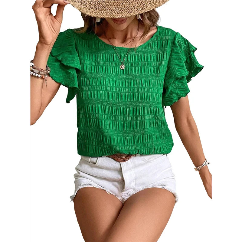 

CGS-Womens Summer Tops Ruffle Short Sleeve Crewneck Shirts Textured Ladies Elegant Business Blouses Dressy Casual