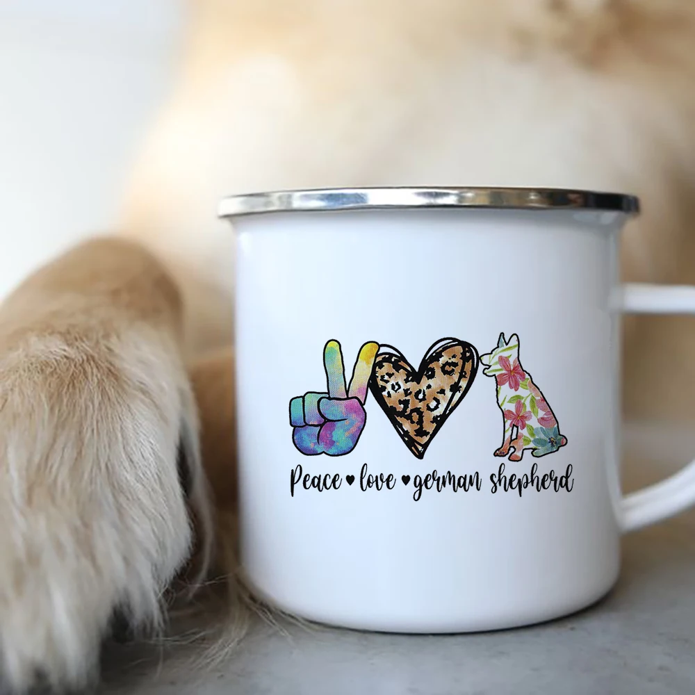 German Shepherd Printed Creative Enamel Coffee Tea Mugs Camping Adventure Beer Drink Juice Cups Handle Mug Gifts for Dog Lovers