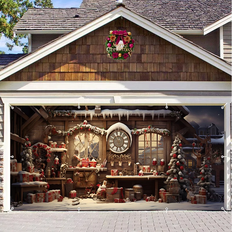 

Christmas Garage Door Decorations Vintage Wooden House Xmas Tree Gift Christmas Holiday Party Large Garage Door Backdrop Banner