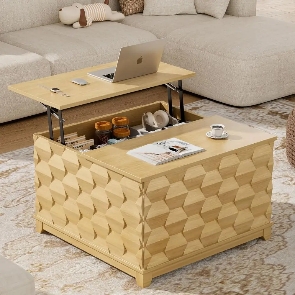 

Modern Storage Coffee Table, 31.5 Square with Hidden Storage, Elegant Living Room Center Table, Natural Finish