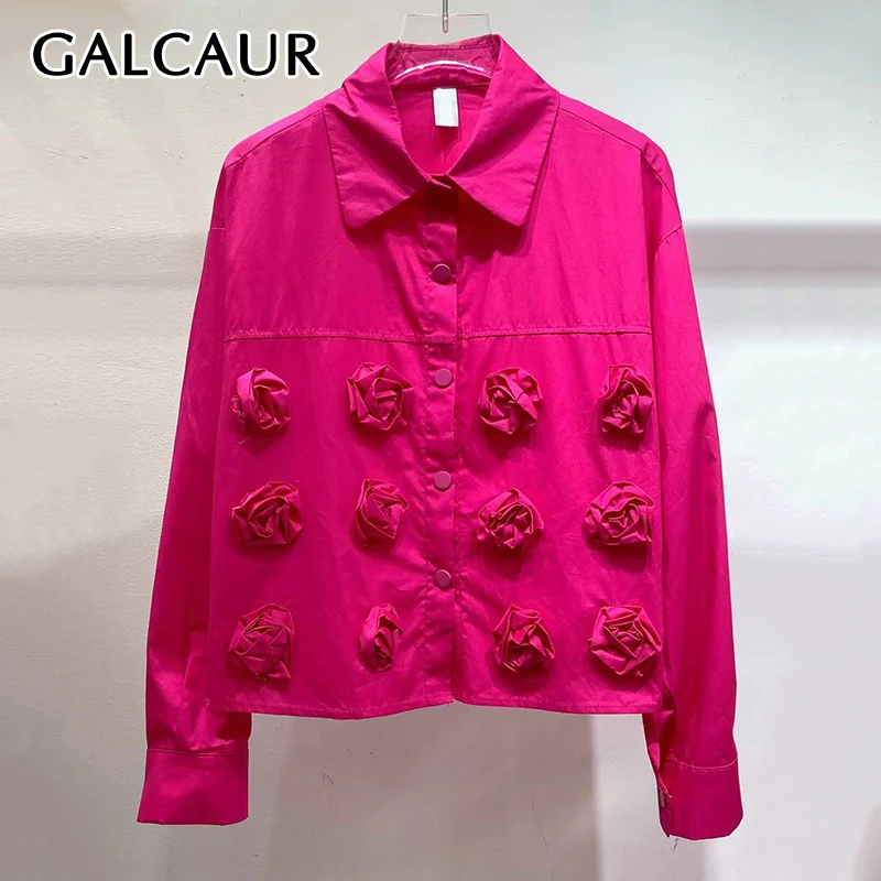 

GALCAUR Solid Slimming Spliced 3D Flowers Blouse for Women Lapel Long Sleeves Patchwork Single Breasted Coat Female Clothing New