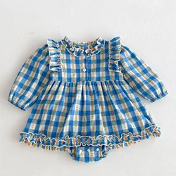 2024 New Autumn 0-24M Children Clothes Infant Baby Girls Jumpsuit Long Sleeved Cotton Lattice Newborn Baby Girls Bodysuits