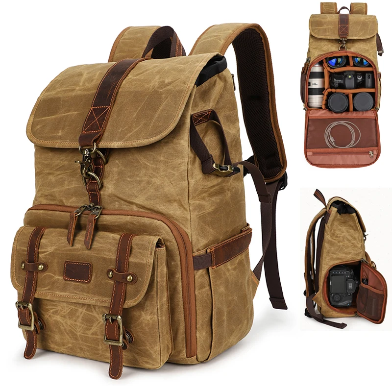 Large Capacity Vintage Camera Backpack Waxed Canvas Waterproof Photography Camera Bag with 15.6 Laptop Compartment Tripod Holder