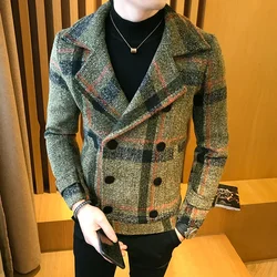 Trend 2024 New double-breasted windbreaker fashion retro tartan coat large size 5XL slim short coat men's banquet party dress