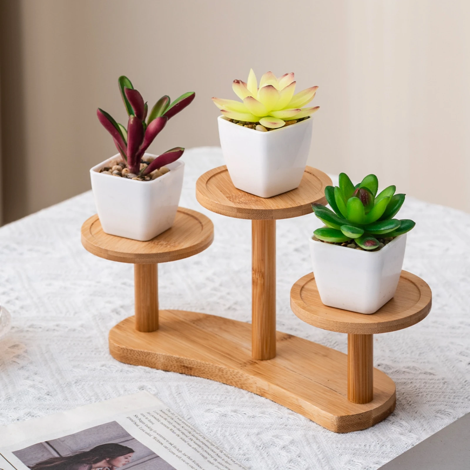 卓上植物スタンド-丸みを帯びたエッジ-デスクトップ植物スタンド-植木鉢ホルダー-丈夫な木製ディスプレイ棚-お手入れ簡単