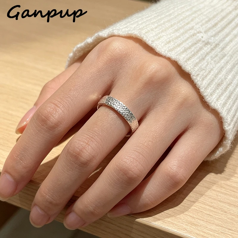 GANPUP Minimalist Silver Color Finger Rings for Women Korean Trendy Design Scrub Pleated Handmade Birthday Party Jewelry Gift