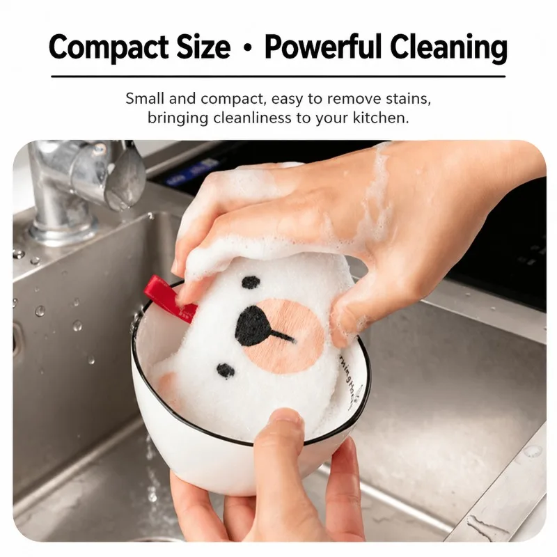 Cute Bear Embroidery Cartoon Dishwashing Sponge Hanging Design Silver Wire Scouring Cloth Kitchen Pot Bowl  Cleaning Tool