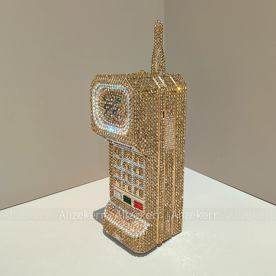 Alizekerr Cellphone Shaped Diamond Evening Bags Women 2025 Gorgeous Bling Rhinestone Metallic Purses And Handbags Wedding Party image 3