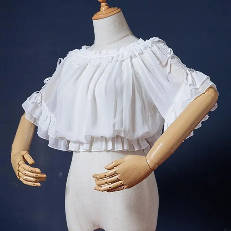 

Women Lace Sheer Blouse Ruched Ruffled Half Sleeve Loose Undershirt Bowknot Cosplay Crop Top 6XDA