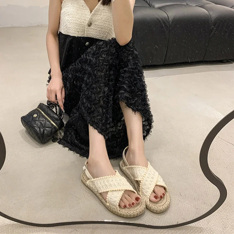 2024 New Comfort Shoes for Women Handmade Sandal Suit Female Beige Tassel Summer Heels Rope Fashion  Black Fringe Low Girls Flat