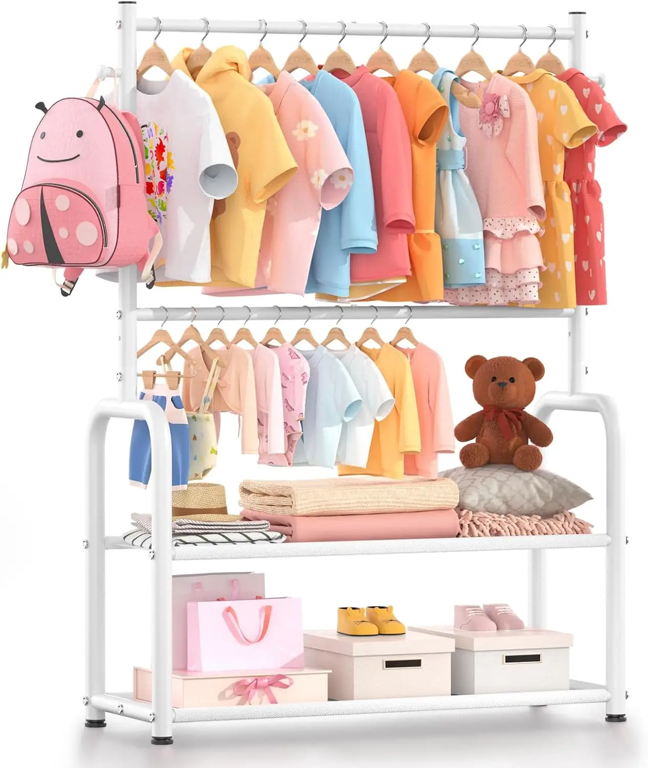

Kids Clothing Rack with 2-Layer Shelf & Adjustable Rods, White Baby Closet Organizer for Hanging Clothes
