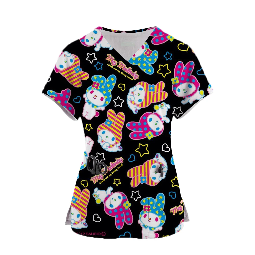 2024 Kawaii Nurse Uniform Scrubs Womens Cartoon Hello Kitty Print Short Sleeve Pocket Overalls Uniforms Medical Nursing Blouse