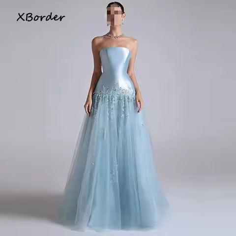 Customized Evening Dress Beading Sequined Tulle A Line Customized Sleeveless Strapless Saudi Arab Prom Party Gown