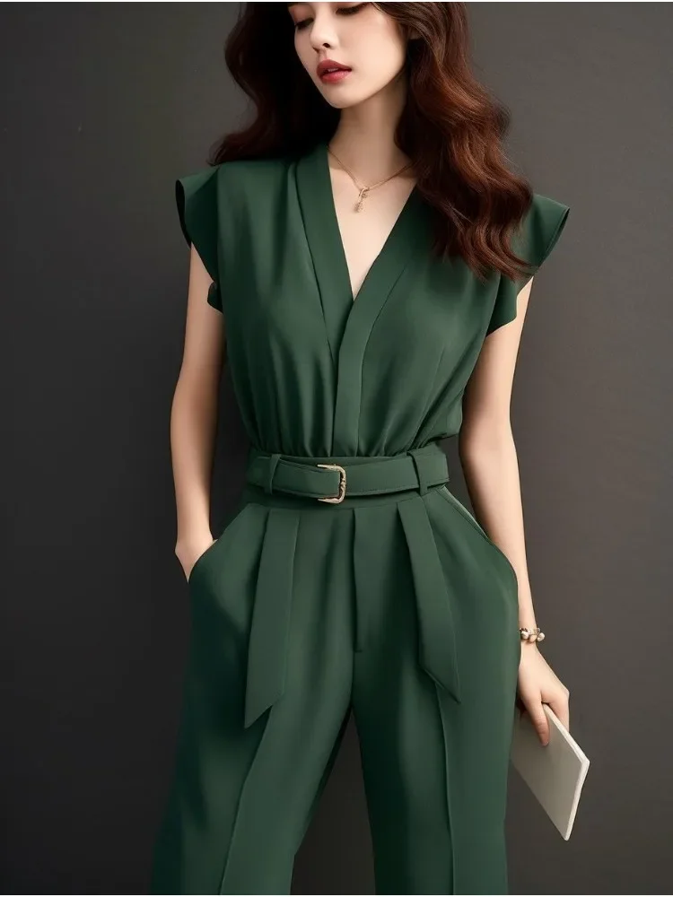 

Офисные женские модные темно-зеленые комбинезоны в французском стиле с поясом, летний комбинезон с летающими рукавами и v-образным вырезом, маленькая талия, широкие брюки
