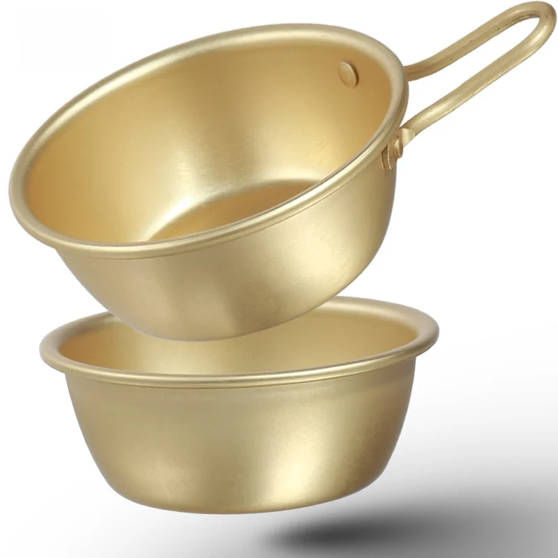 

Yellow Aluminum Bowl with Handle for Restaurant Kitchen Hot Pot Seasoning Lightweight Outdoor Use round ape Chinese Sle