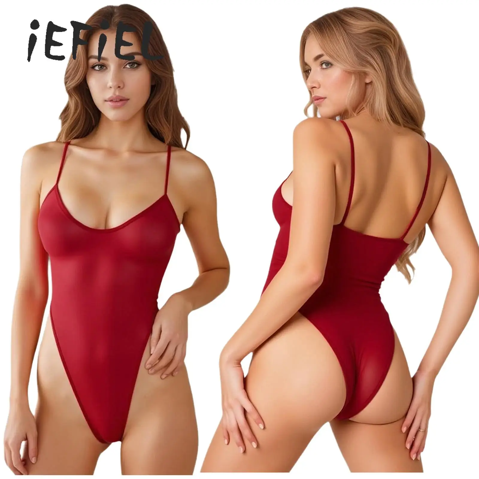 Sexy Womens High Cut Thong Bikini Bodysuit Swimwear Glossy Sheer Mesh Stretchy Leotard One Piece Monokini Swimsuit Bathing Suit