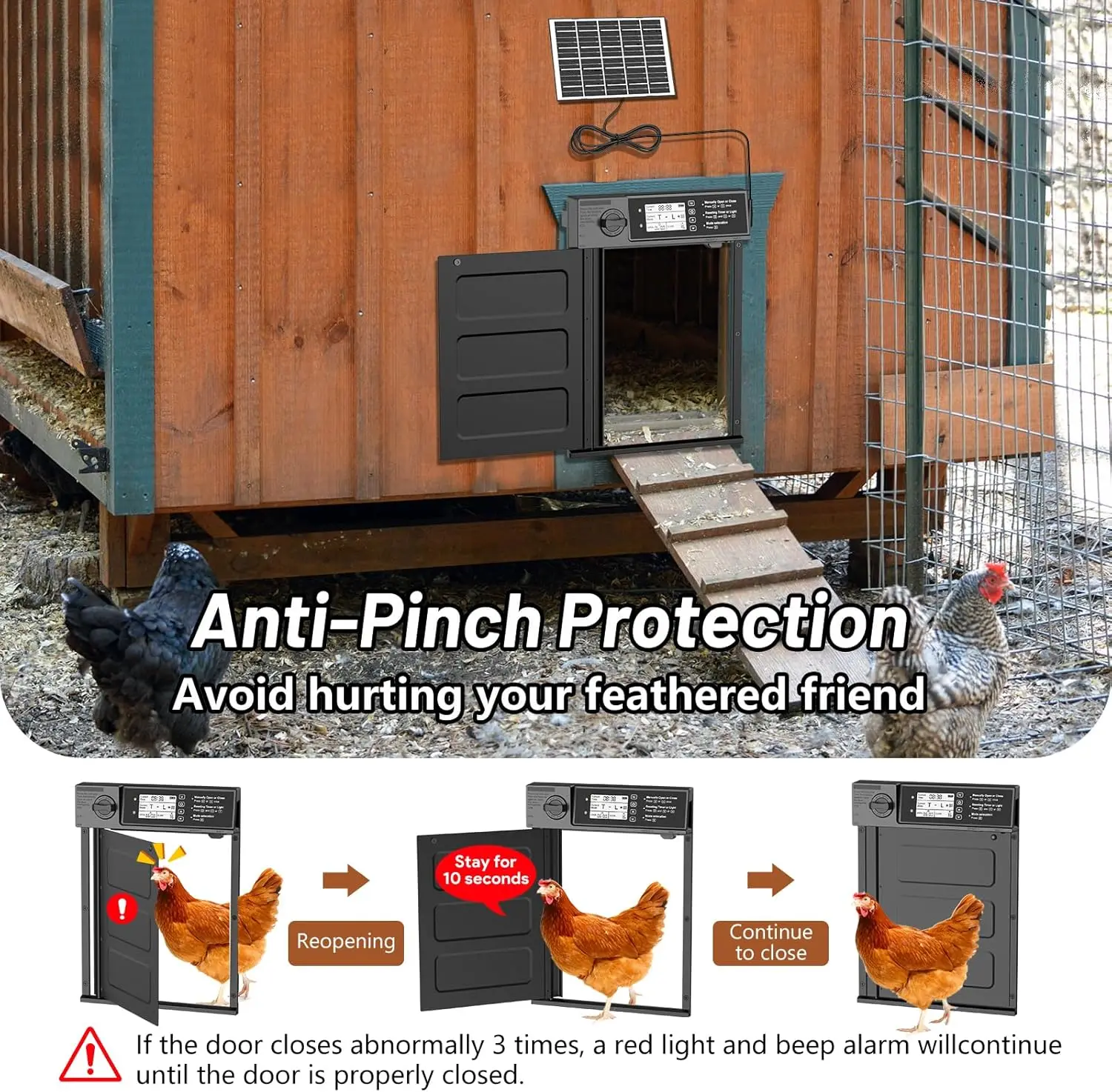 Automatic Chicken Coop Door Solar Powered, Cold Weather Electric Chicken Door Large Size Aluminum Door with Light Sensor & Timer