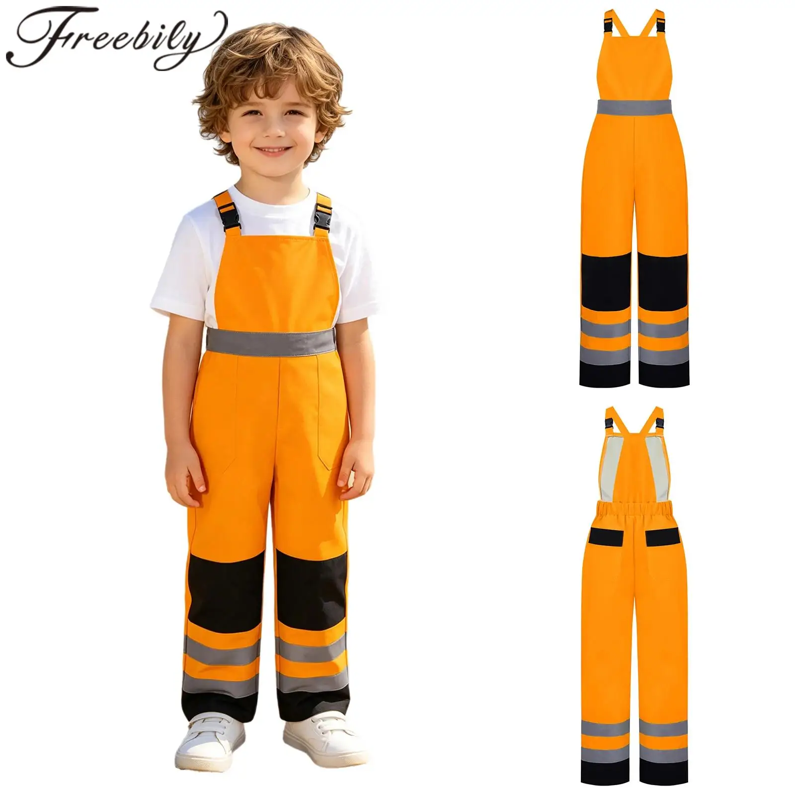 Work Clothes Kids Suspender Overalls Water Resistant Workshop Uniform Reflective Strips Pants for Car Repair Mechanics Costume