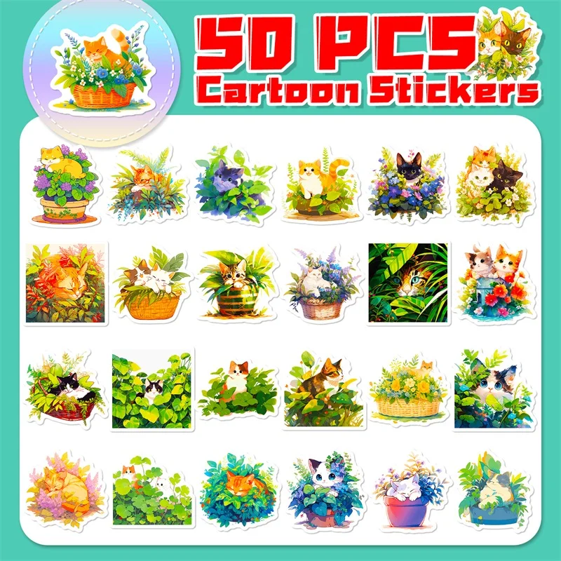 10/30/50PCS Fresh Plant Cat PVC Sticker Aesthetic Decoration Scrapbooking Children\'s Korean Stationery School Supplies for Kids