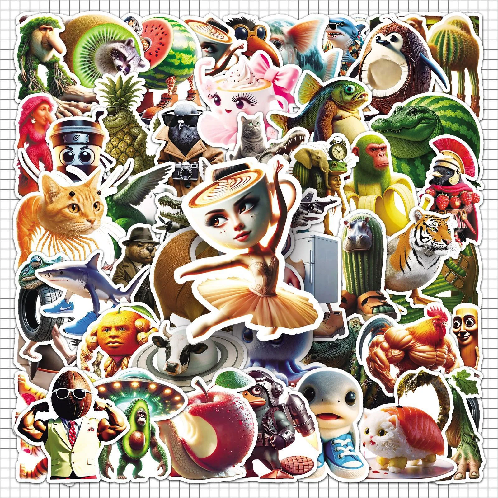 50 قطعة ملصقات تونغ تونغ الصحور للحيوانات المضحكة AI مجردة Brainrot مجردة الكرتون الشارات ملصقات صناعة يدوية باردة #2