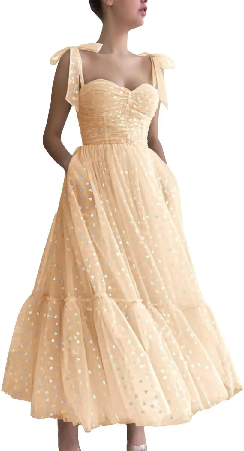 

Elegant Tulle Tea-Length Prom Dress with Spaghetti Straps for Women Formal Evening Party Gown Heart-Warming Fashionable