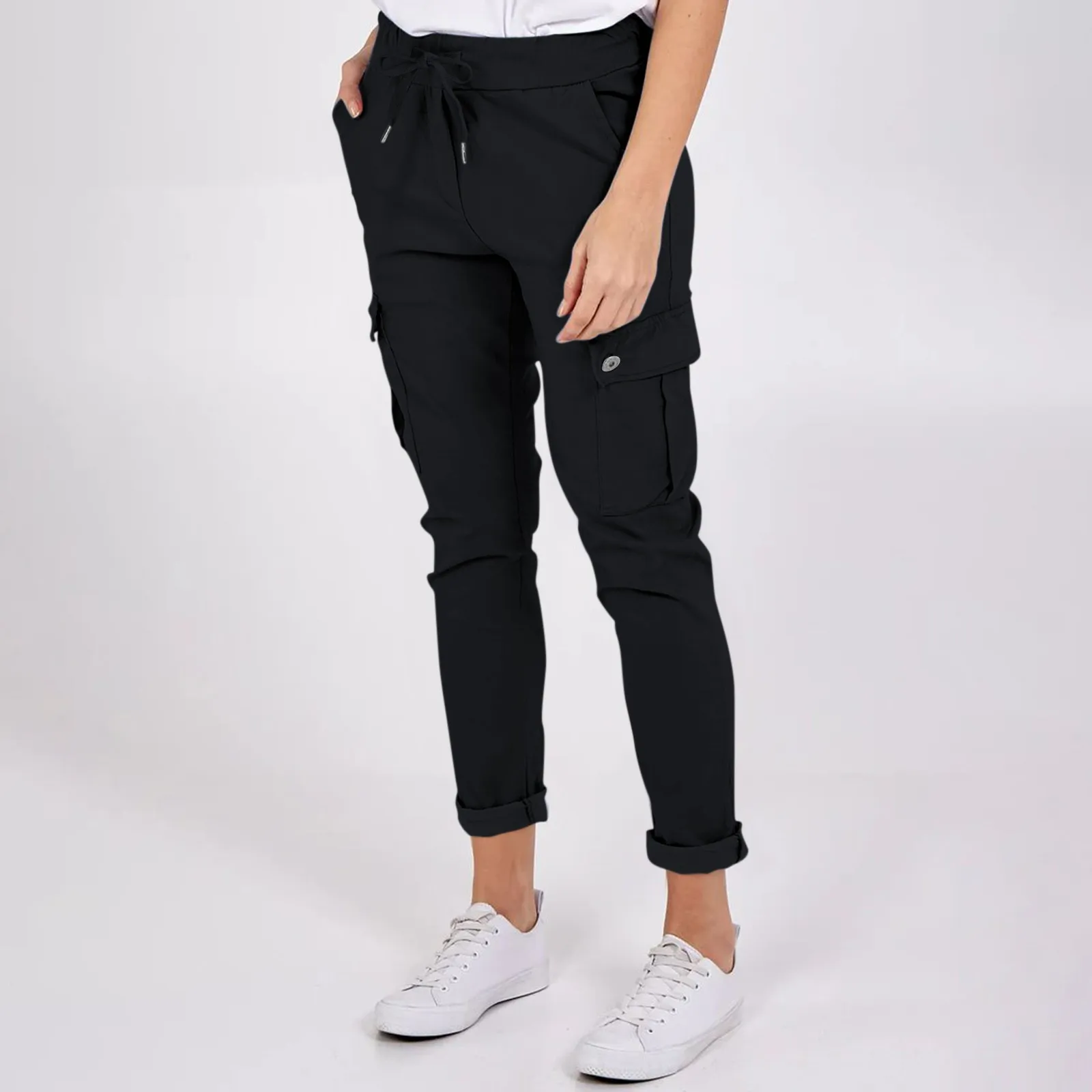 Womens Fashion Solid Button Pocket Drawstring Elastic Waist Casual Pants Comfortable Streetwear Fitness Workout Cargo Pants