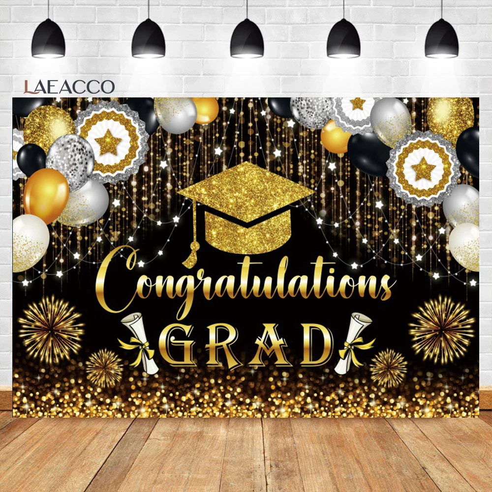 

Laeacco Congratulations Grad Photo Backdrop Gold and Black Balloons Bachelor Cap Kids Prom Party Portrait Photography Background