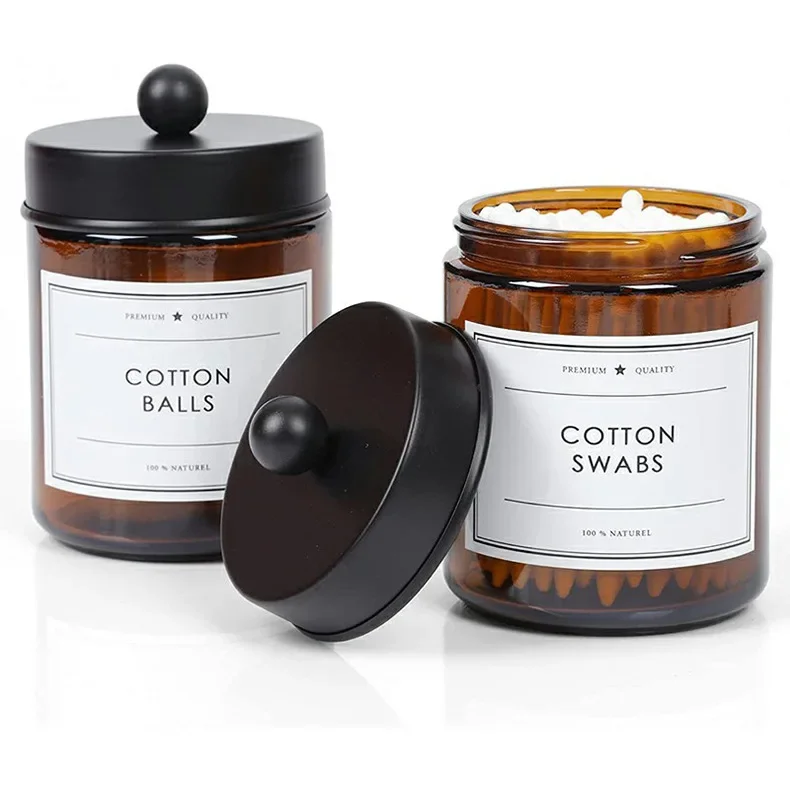 1pc-Dispenser Apothecary Jars Bathroom Jar - Black Holder glass Storage Box for Cotton Ball, Swab Cotton Box