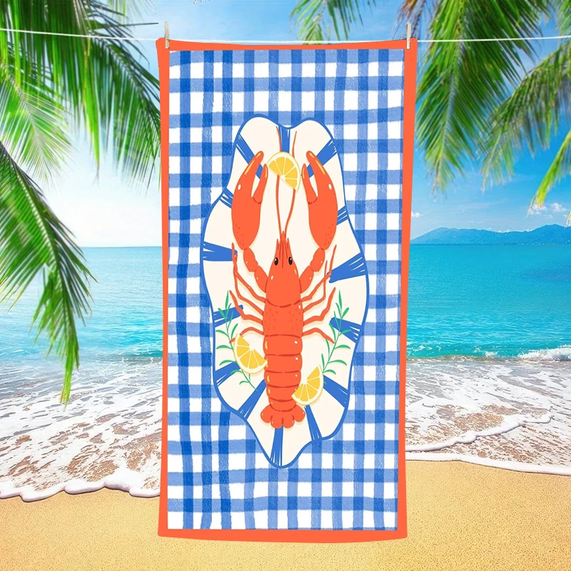 Lobster Beach Towel Pink Green Plaid Seafood Letter Microfiber Quick Dry Oversized Summer Pool Vacation Travel Bath Towel Gift