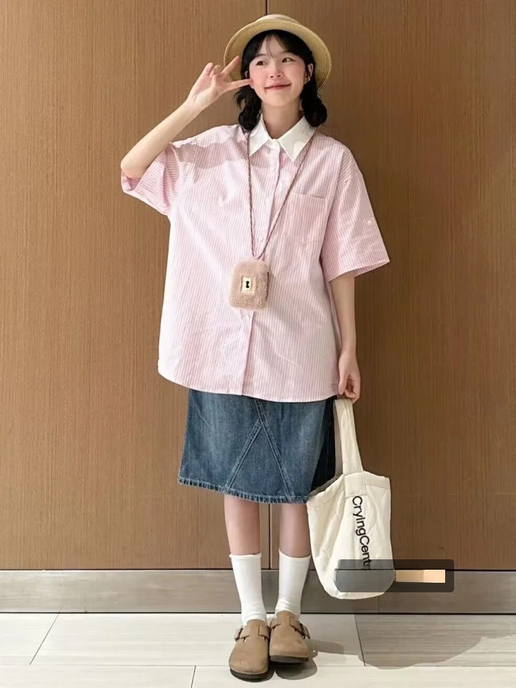 

Retro Japanese Sle Women's ort Sve Striped irt Pink Color Blo College Sle Small Size irt Loose Fit Collar