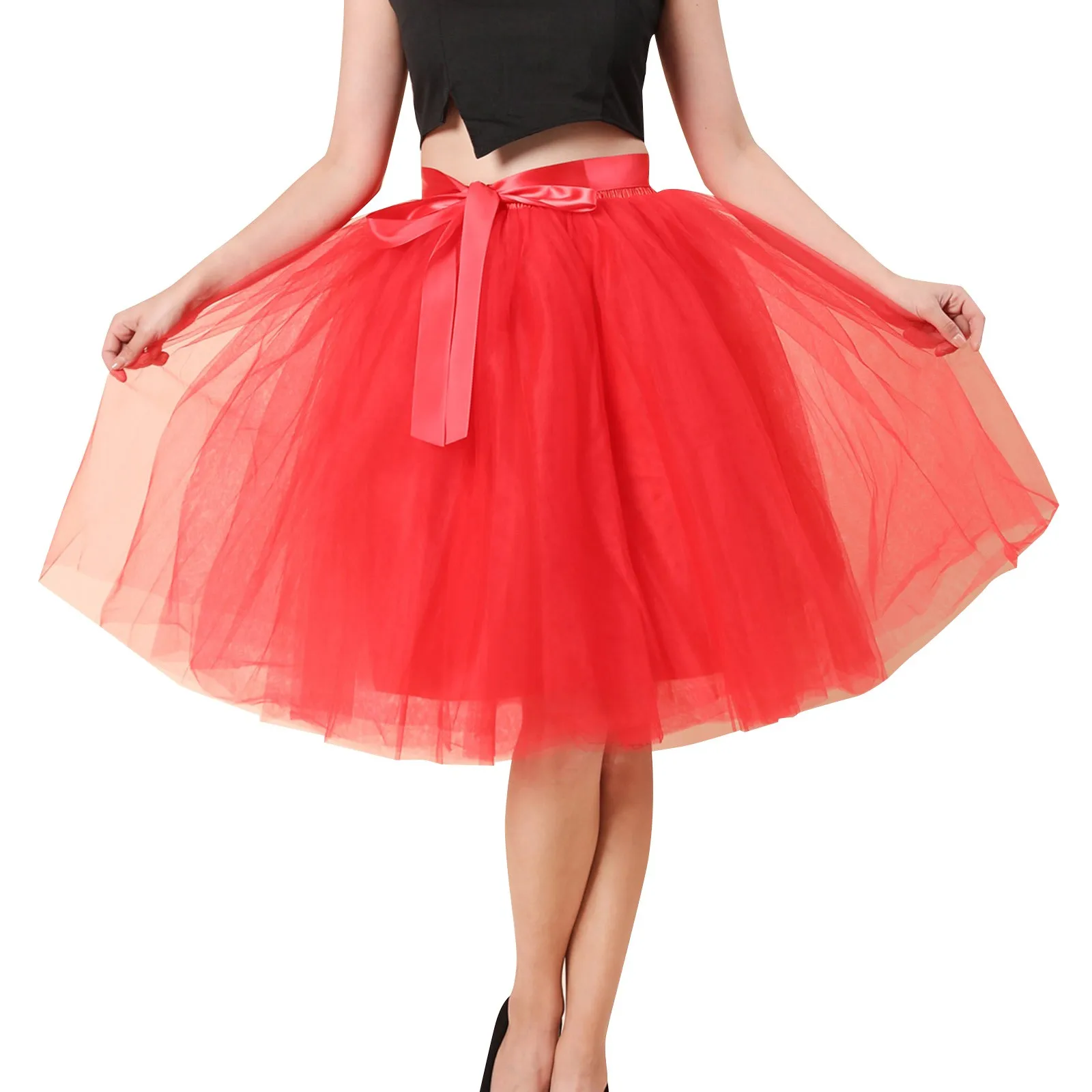 Hot Sale Elegant Women Tulle Skirt Korean Fashion Mesh Womens Pleated Knee Length Skirt Adult Tutu Dancing Skirt Woman Clothing