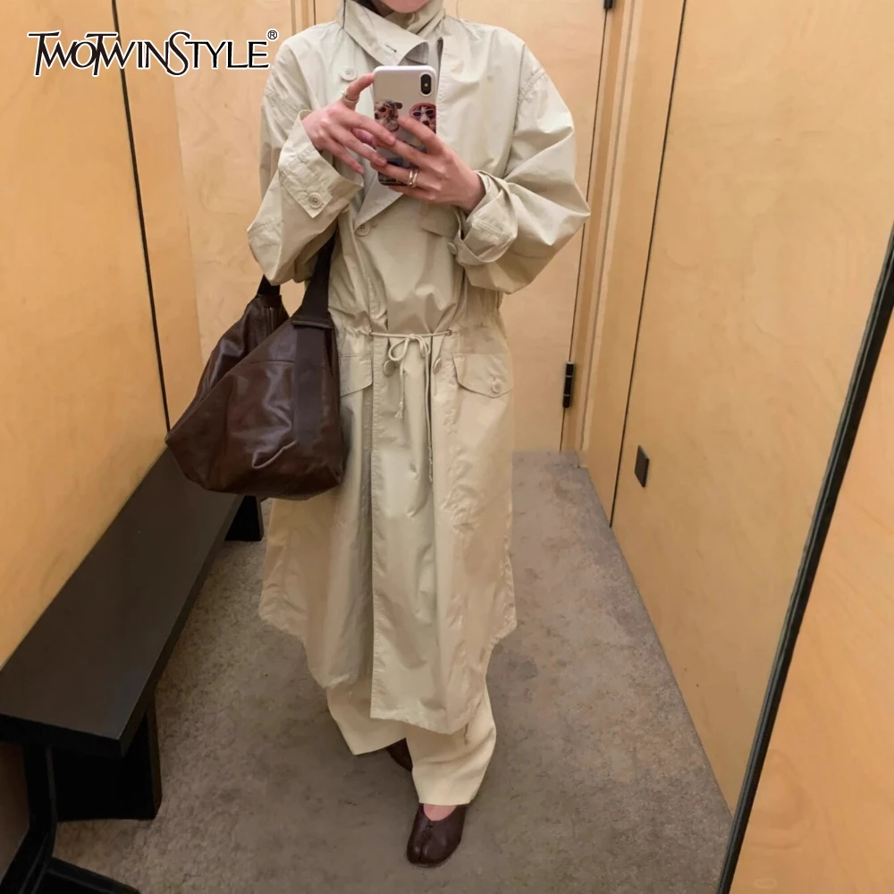 TWOTWINSTYLE Camel Spliced Lace Up Trench Female Lapel Long Sleeve Temperament Streetwear Women's Long Trench Summer Fashion New