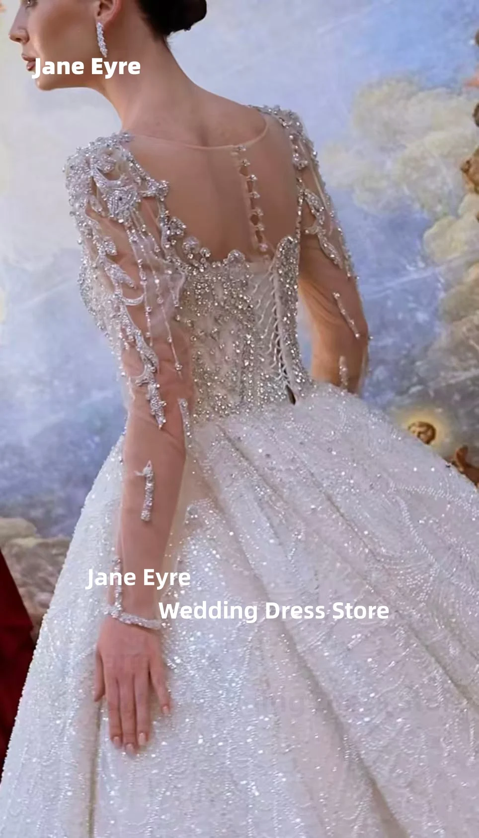 Gaun Pengantin Mewah Jane Eyre dengan Payet Berkilau, Lengan Panjang, Model Court Gown, Custom Made, Sweetheart Robe De Mariée