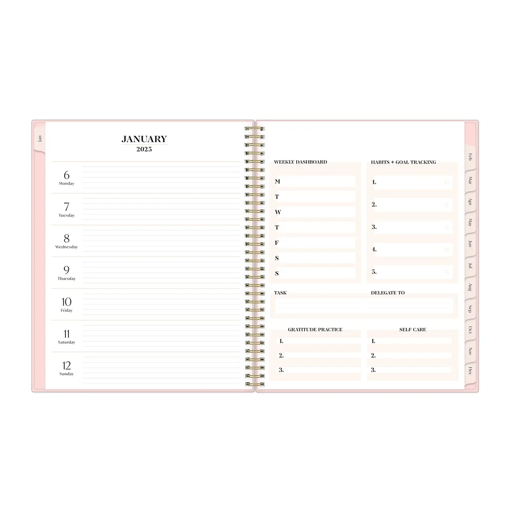 2025 planejador mensal semanal 8.5x11 capa flexível abas vistas bolso de armazenamento fácil organização lembretes notas páginas