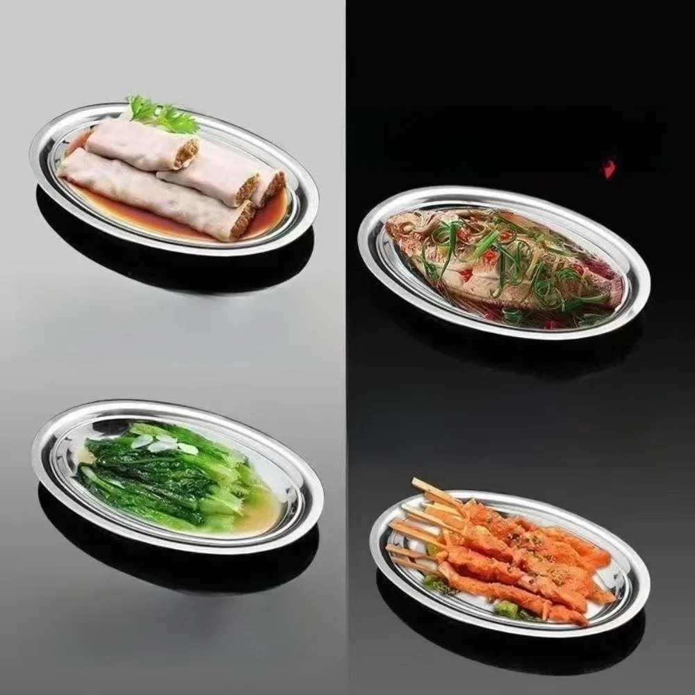 Stainless Steel Oval Fish Plates Shallow Design Multi-Size Dinner Plates Kitchen Cooking Tray 22-35cm Diameter Steak Dishes
