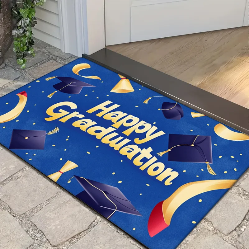 1pc Graduation Celebration Doormat - 0.47inch Thick Flannel Non-Slip Machine Washable Floor Mat with Blue Happy Graduation Desig