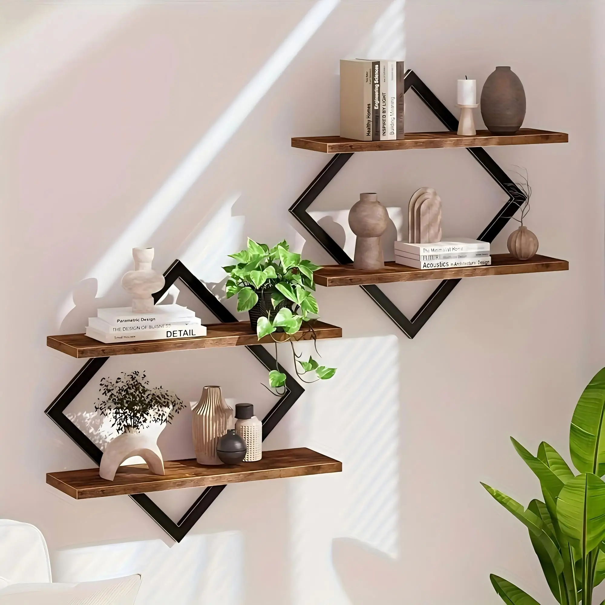 Lot de 2 étagères murales flottantes rustiques en bois, support de rangement suspendu à 2 niveaux, étagère murale multifonctionnelle pour salle de bain, cuisine, chambre à coucher, salon, décoration intérieure