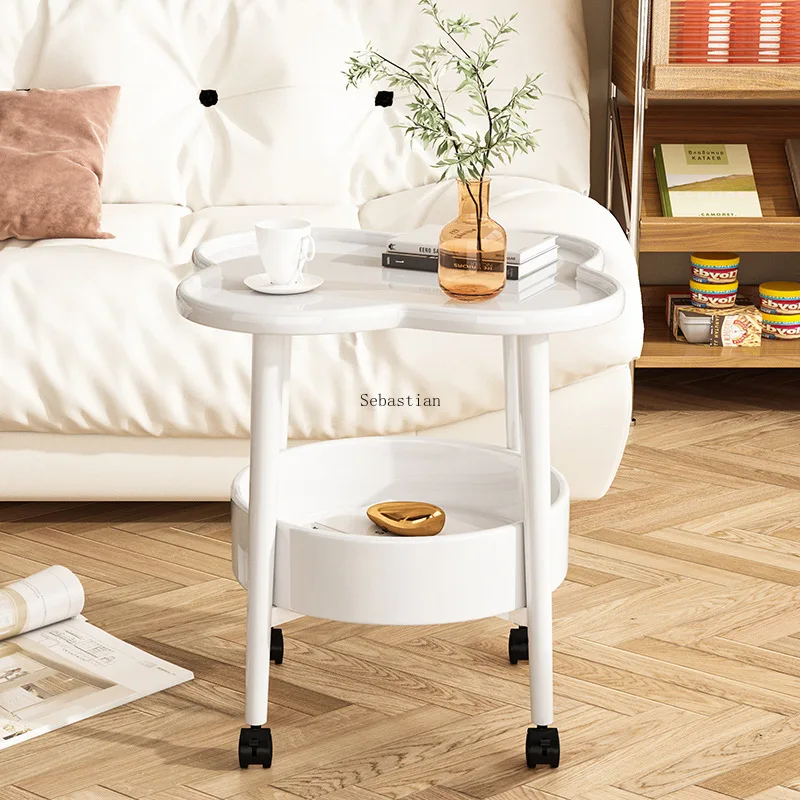 Nordic Small Coffee Table, Modern Living Room Sofa Corner, Side Cabinet, Movable Cream Style Coffee Table, Circular Side Table