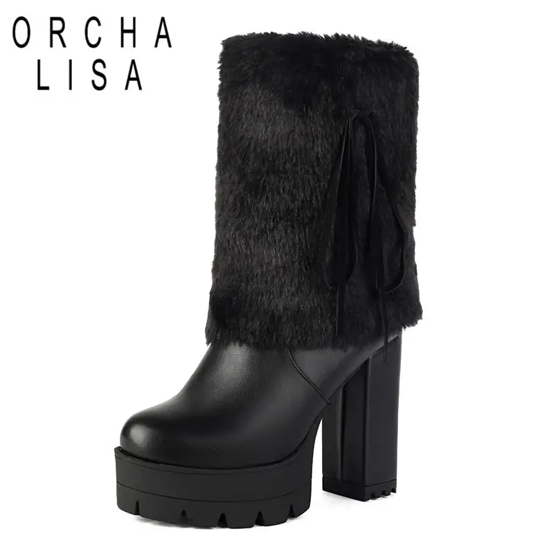 

ORCHA LISA Design Women Mid Calf Boots Round Toe Chunky Heels 11cm Platform Hill 3.5cm Zipper Large Size 47 48 49 50 Dating Bota