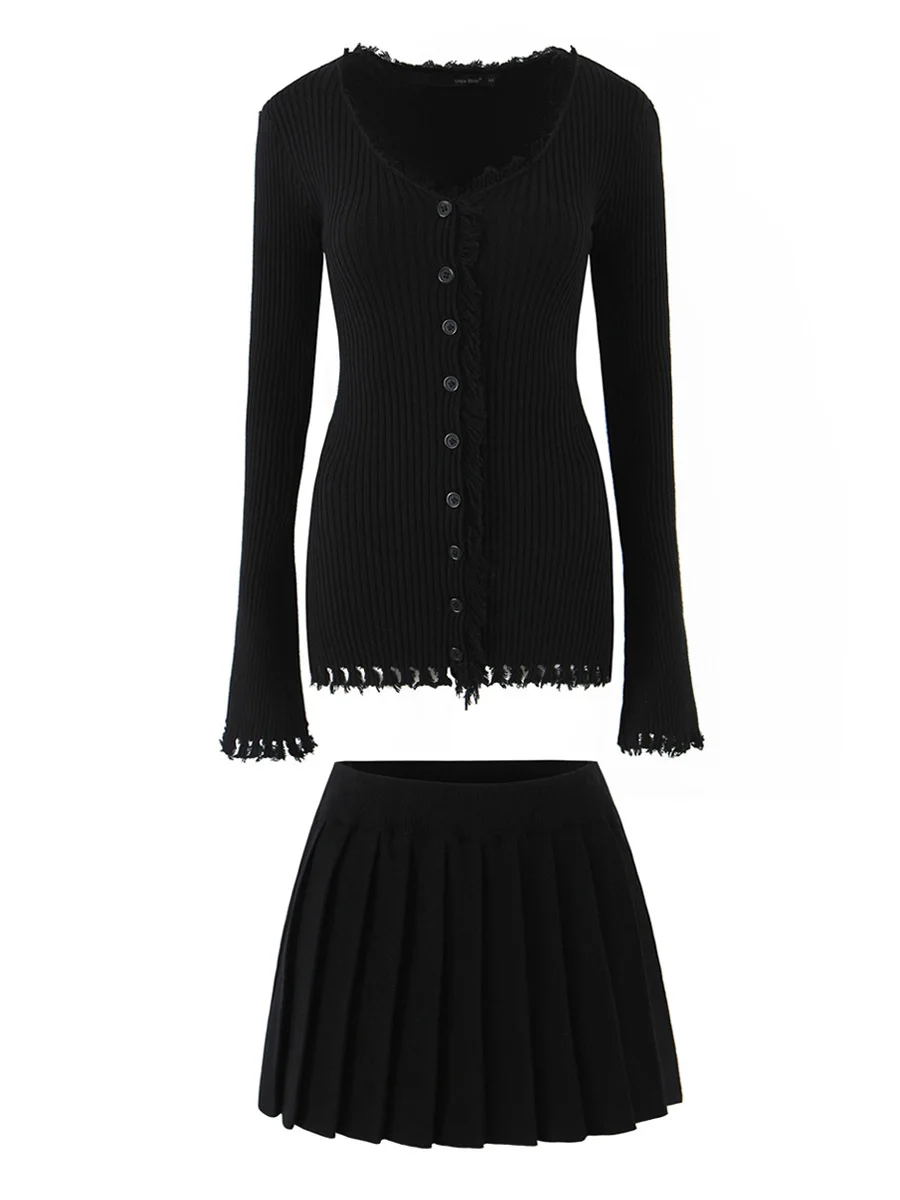 Retro Knitted High Waist  Skirt Set V-Ne Slimming Open Cardigan Winter Faion Women's Two-Piece Ensemble European Sle
