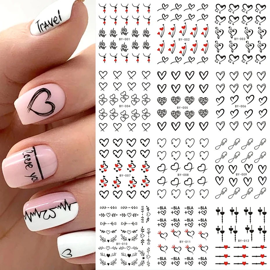 12pcs Water Sticker Nail Art Heart Love Letters Cats Flowers Decals Transfer Sliders Tattoo Valentine Decorations Manicure TRBY