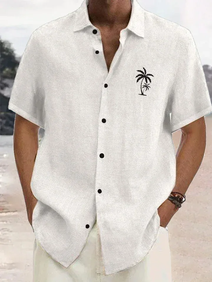 

Men's Simple and Fashionable Coconut Tree 3D Printed Lapel Button Short-sleeved Shirt Loose Hawaiian Beach Casual Outdoor Top