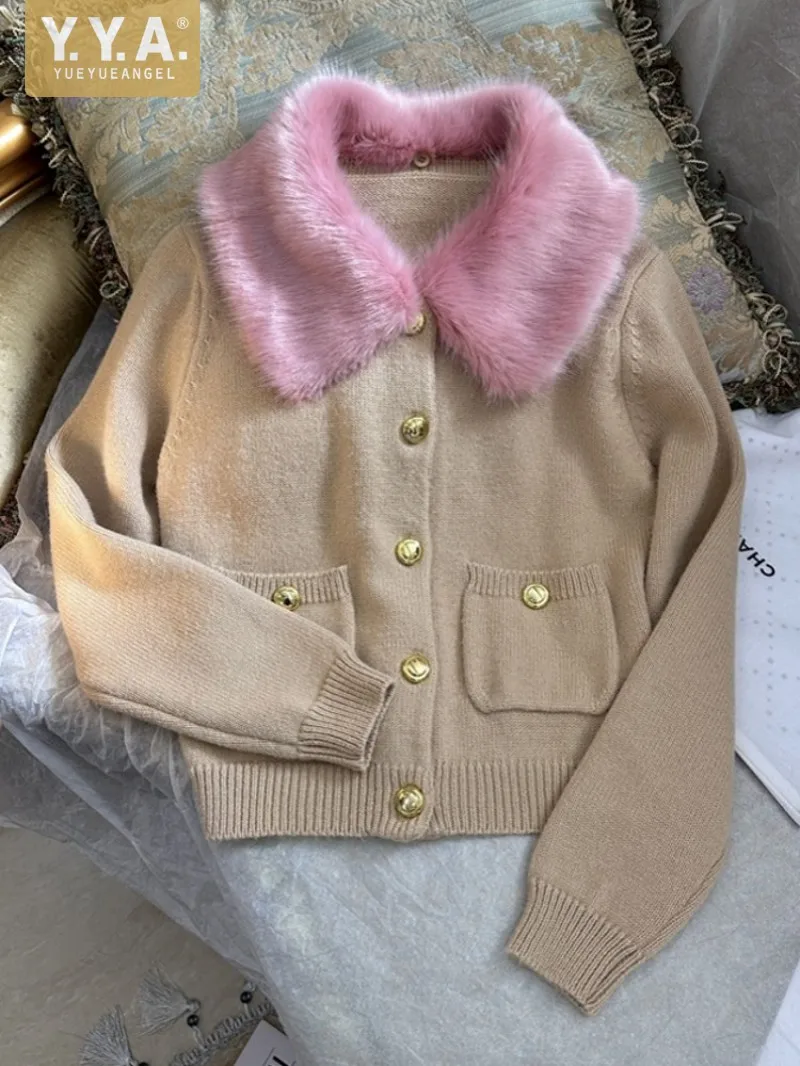 

Autumn Winter Women French Style Deep Khaki Knitted Cardigan Long Sleeve Faux Fur Slim Fit Knitwear Casual Fashion Sweater Top