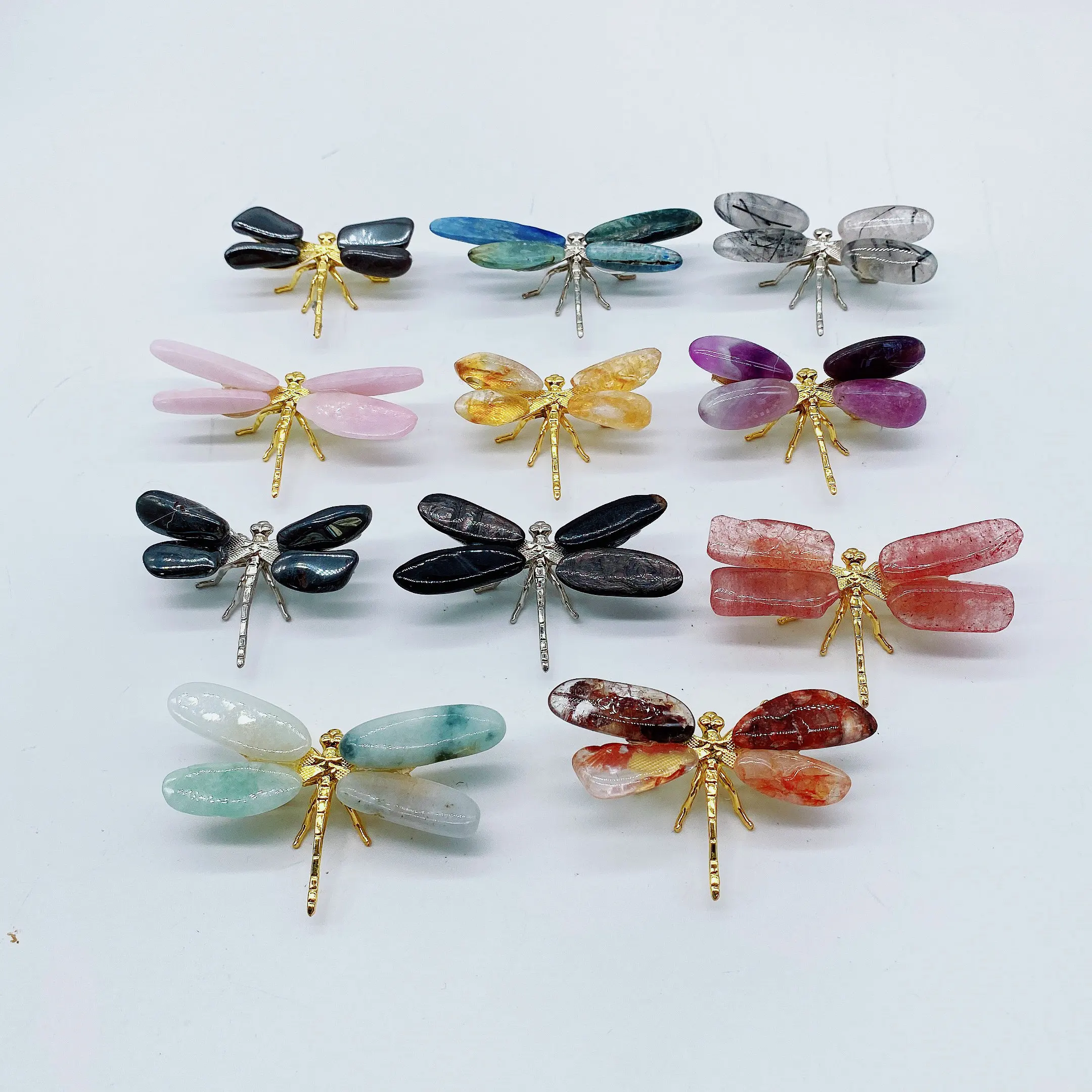 2pcs Natural Mixed materialEnergy Reiki stone dragonfly carving decoration Crystal Quartz Healing High Quality Gemstone For Gift