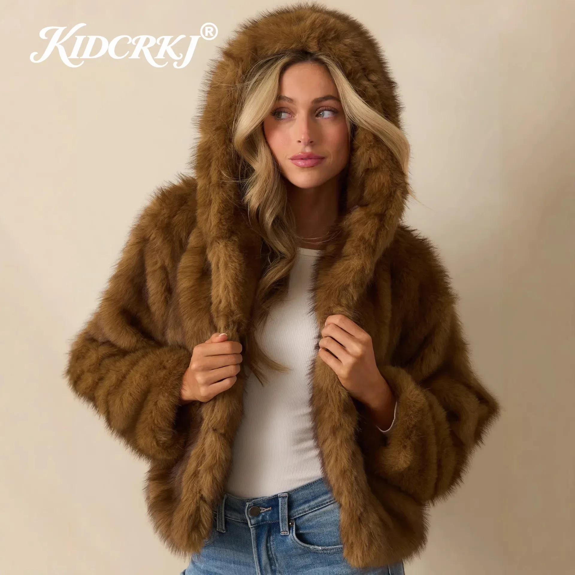 ONE TO WAN Brown Faux Fur Hooded Jacket European American Women's Coat Soft Plush Side Pockets with Ribbed Lining Fashion