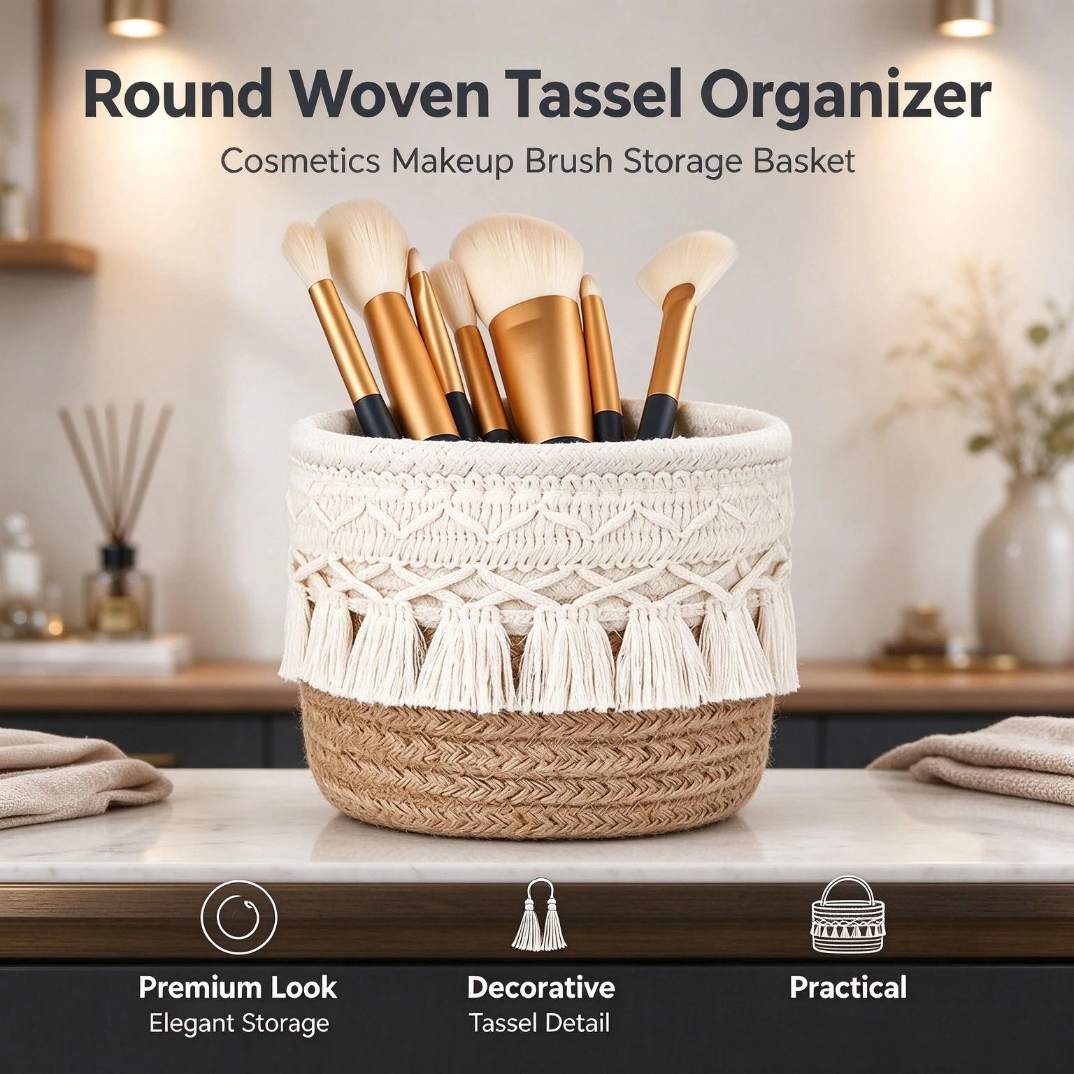 Round Woven Storage Basket With Tassel Desktop Organizer for Cosmetics Makeup Brushes Home Table Decor Container
