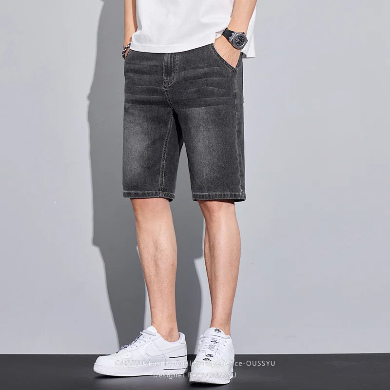 OUSSYU Brand Summer Thin Men's Cotton Denim Shorts Business Straight Knee Pants Outdoor Vintage Bermuda Jeans Short Jorts Man