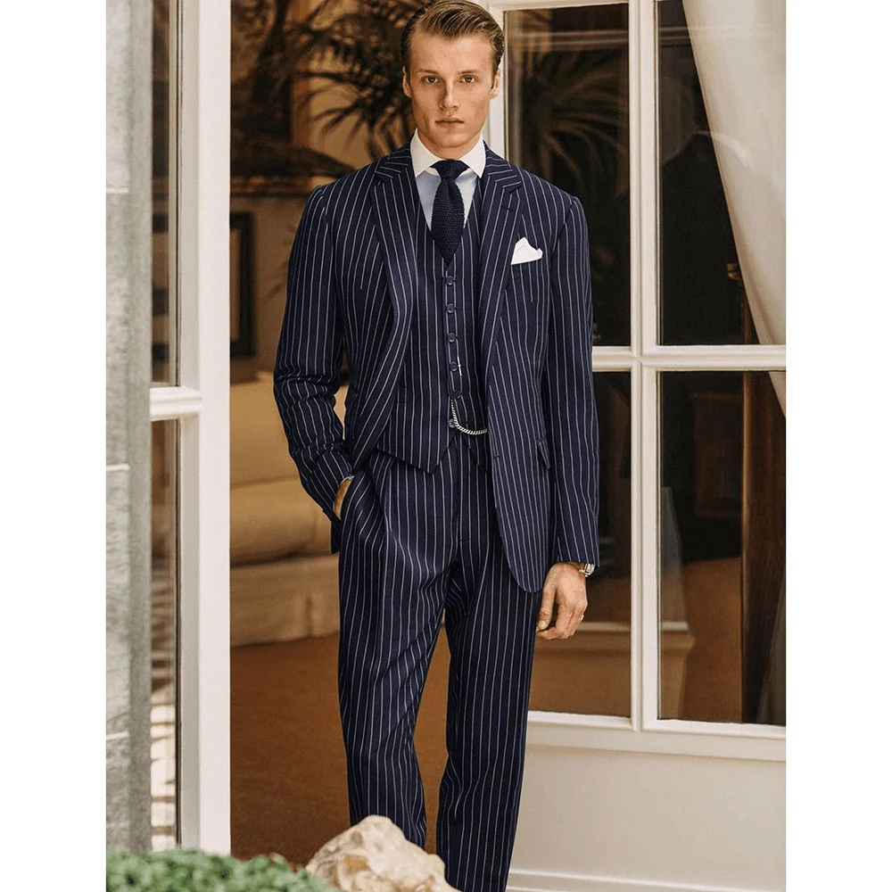 

Navy Blue Man Suit Customized Single-grain Buckle Peaked Lapel Three Pieces(Jacket+Vest+Pants) Formal Set for Wedding&Business